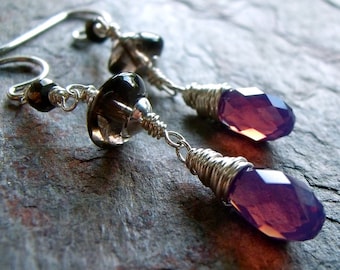 Swarovski Cyclamen Opal Smoky Quartz Pyrite and Sterling Silver Gemstone Earrings
