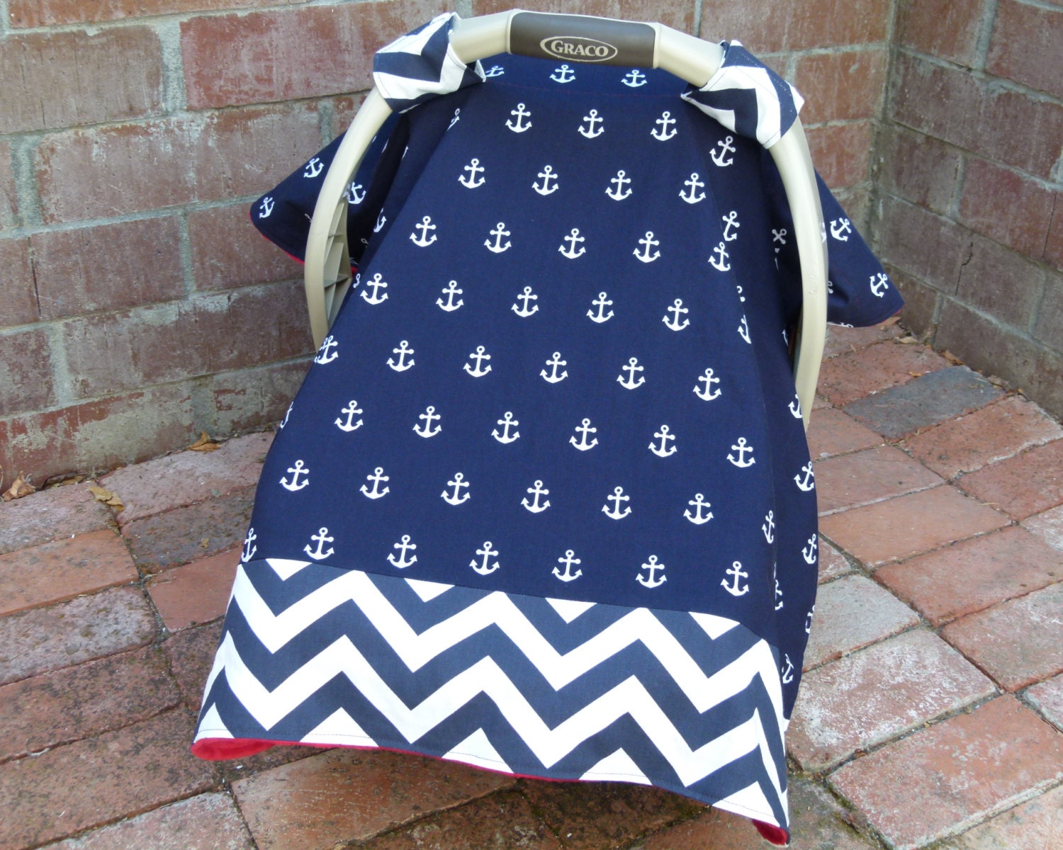 Anchors & Chevron Baby Car Seat Canopy Cover in Navy and Anchors & Chevron Baby Car Seat Canopy Cover in Navy and