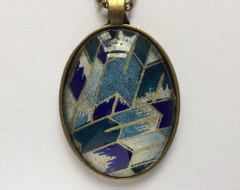 Pendant necklace made with Japanese Chiyogami paper - Oval JP8