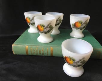 Vintage 5 Arcopal Milk Glass Egg Cups, Decorated With Peaches, Made in France, Shabby Chic Country Kitchen Glass Egg Cups