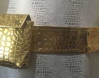 Brilliant Gold Croc Vinyl 2 pocket Utility Belt with D ring loop - adjustable 35-38"
