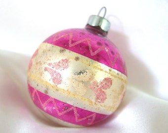 Vintage Orchid and Silver Christmas Ornament with Pink and Yellow Hearts, USA Ornament