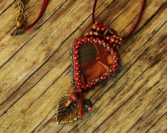 Beaded Cabochon Beaded Bale Necklace - Wings - Bead Weaving - Statement Necklace - WONDERSTONE RHYOLITE Pendant - BOHO