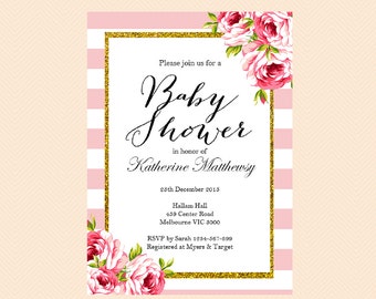 Instant Download Editable Baby Shower Invitations, Pink Chic Bridal Shower Invitation, Printable Invitation, Pink Stripes, Floral TLC50 BS11