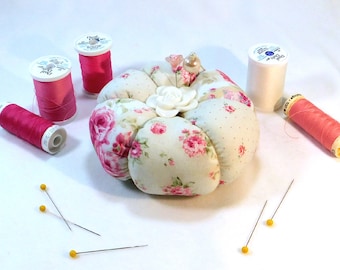 Pincushion, Tomato Shabby Chic Rose Print- Ready to Ship
