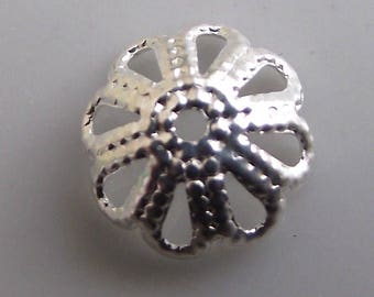 Perforated 8mm diameter silver metal bead caps. Set of 10.