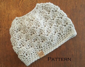 Crochet Bun Beanie PATTERN Wavy Shells Bun Hat Pattern Only Messy Bun Ponytail