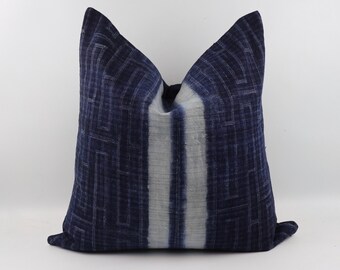 20 Inches Retro Indigo Cushion Pillow Cover from Vintage Hmong Ethnic Handmade Fabric, Hmong Pillow