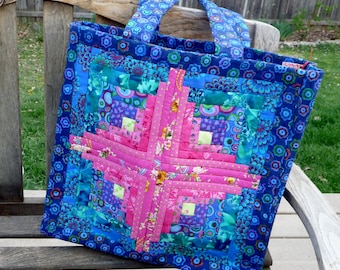Quilted Blue Log Cabin Tote Bag