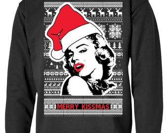 Merry Kissmas Ugly Xmas Ugly Sweater Marilyn Monroe Red Lips sweater crew neck