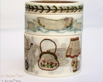 Washi Tape Set - Embroidery Tape // Tea Set // Lamp // Clothes // Daily Necessities Washi Tape // Vintage Masking Tape // 7m