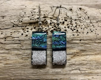 Dichroic glass jewelry, fused glass earrings, handmade dichroic glass, dichroic glass earrings, Dichroic Glass Dangle earrings