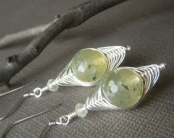 Herringbone Weave Earrings, Sterling Silver, Rutilated Prehnite Gemstone Dangle, Pale Yellow Green Earrings