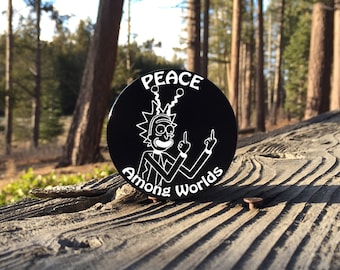 Large 2.5inch Custom Engraved Herb Grinder - Peace Among Worlds Rick and Morty Art - 4 Piece Aluminum