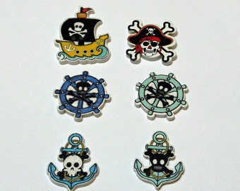6 Wooden Pirate Buttons #SB -00284