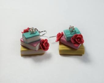 Stacked Book Earrings- 50's Inspired Book Lover Gift, Vintage Books, Librarian Gift, Polymer Clay Earrings, Roses, Flowers, Valentine