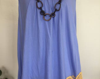 Upcycled women's butterfly tunic top, crocheted mandalas