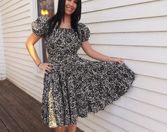 Black White Floral Dress Vintage Rockabilly Print Pinup Circle Full Skirt S M