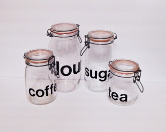 Vintage Glass Kitchen Jar Set - Typographic Jars - Glass Typographic Canister - Flour Sugar Tea Coffee- Clamp Jar - Gasket Jar - Mod Kitchen