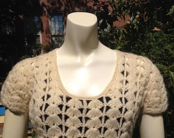 White hot wool crocheted 1960s mini-dress! size small