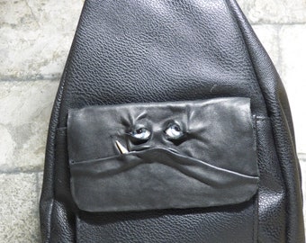 Leather Backpack Woman Purse With Face Monster Black 429
