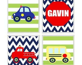 Big Boy Room Decor, Fire truck Wall Art, Police Car, Personalized Art, Toddler Boy Room, Boy Nursery, School Bus Art, Chevron Print, Stripes
