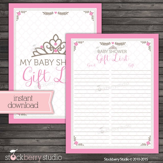 Princess Baby Shower Gift List Printable Pink Baby Shower