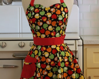 Vintage Inspired Apples on Black Full Apron - BELLA