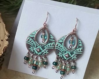 Copper with Patina Chandelier Earrings with Czech glass beads