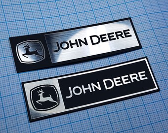 Two (2) x John Deere Tractor Metallic - Aluminium Stickers: 70 mm x 22 mm