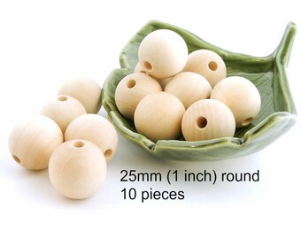 Round Wood Beads - 25mm ( 1 inch ) round unfinished wood beads - 10 pieces