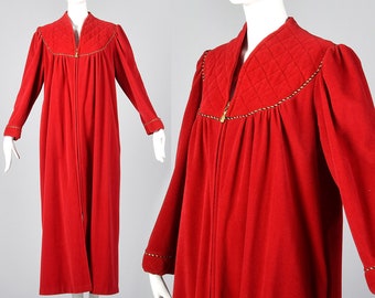 XXL Vanity Fair Red Velour Robe Zip Front Loungewear Loose Fit Long Housecoat Vintage 1980s Robe