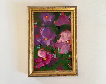 Purple Flower Painting - Small - Framed- Painting - Original- 5 x 7-1/2 approx. inch - including Frame - Fine Art -Custom Framed
