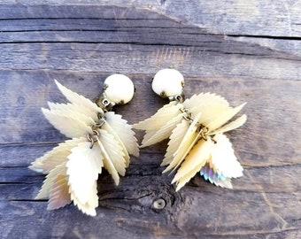 Vintage Cream Confetti Leaf Clip On Earrings