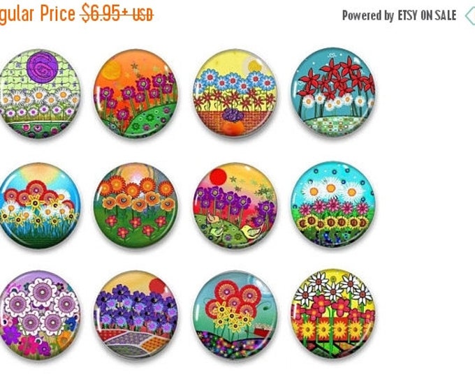 Whimsical Flower Garden Refrigerator Magnets - Gift for Her - Fridge Magnets - Pins - Buttons - Party Favor - Easter - Mothers Day - Gift