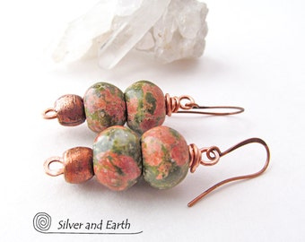 Unakite Earrings, Natural Stone Earrings, Stone Dangle Earrings, Unakite Jewelry, Pink Green Earrings, Handmade Rustic Earthy Stone Jewelry