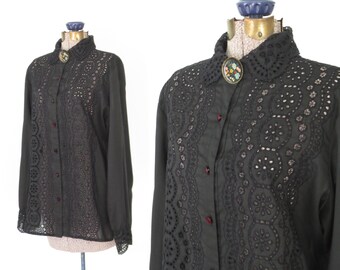 black eyelet blouse * vintage lace blouse * 50s blouse * 1950s gothic romance blouse * large