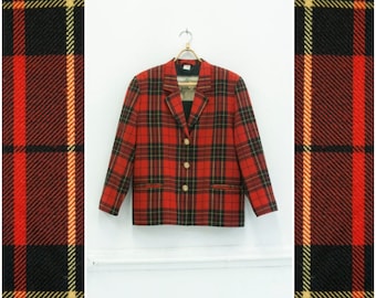 Vintage Tartan Blazer 80s Tartan Jacket Red Plaid Blazer Womens Medium Checked Blazer Womens Large Checkered Blazer Boxy Plaid Jacket M L