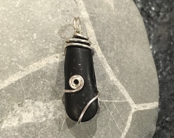 Sea Pebble Sterling Silver Wire Wrapped Pendant