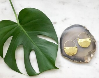 Hammered Brass Half Circle Hoop Earrings