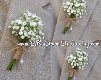 Rustic Boutonniere - Baby's Breath Boutonnieres, mens white boutonniere Baby's Breath Corsages- Beach wedding - etsy