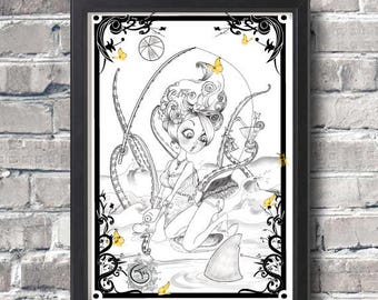 Pin up July Art Print Original Drawing Pop surrealism Illustration Portrait of a Girl Gift for Her