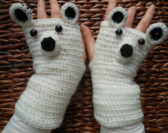 Crocheted Fingerless Mittens Gloves White Bear