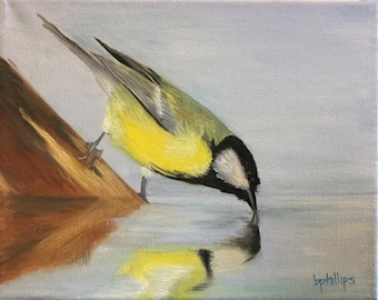 Drinking Bird, Original 8x10 Oil Painting on Canvas