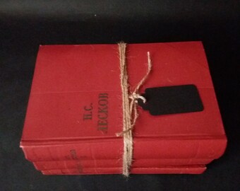 Set of vintage decorative red books Old books for shelf decoration