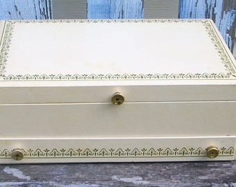 Vintage White Jewelry Box with Mirror and Red Felt Lining