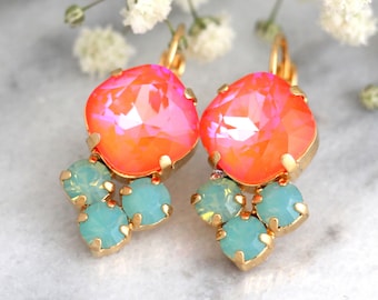 Tangerine Earrings, Coral Mint Earrings, Persimmon Earrings, Swarovski Earrings, Tangerine Drop Earrings, Bridal Earrings, Gift For Her