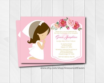 Girl First Holy Communion Invitations, First Communion Invitations, Printable Communion Invite or Digital