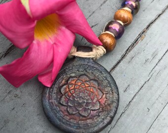 Lotus Matte Raku Handmade Hemp Pendant Necklace