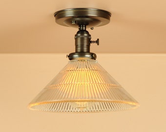 semi flush lighting w holophane style glass shade hand